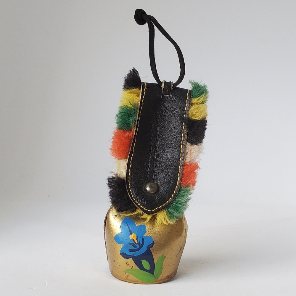 Vintage Swiss Brass Cow Bell Leather Strap Colourful Wool Fringe Handpainted